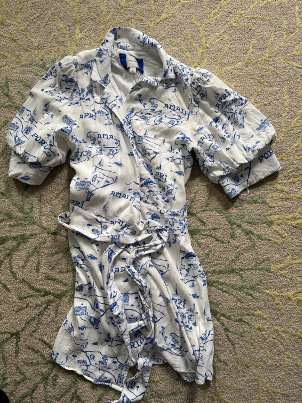 Anthropologie White Mini Wrap Dress with Blue Scenic Motif - Picture 5 of 9